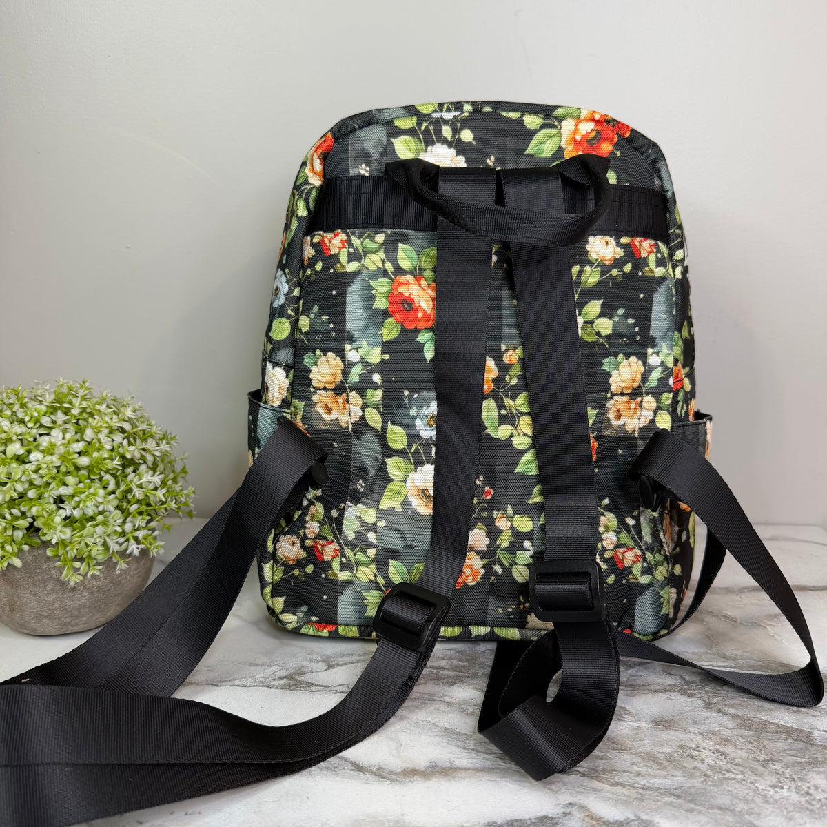 Mini Backpack - Floral On Black