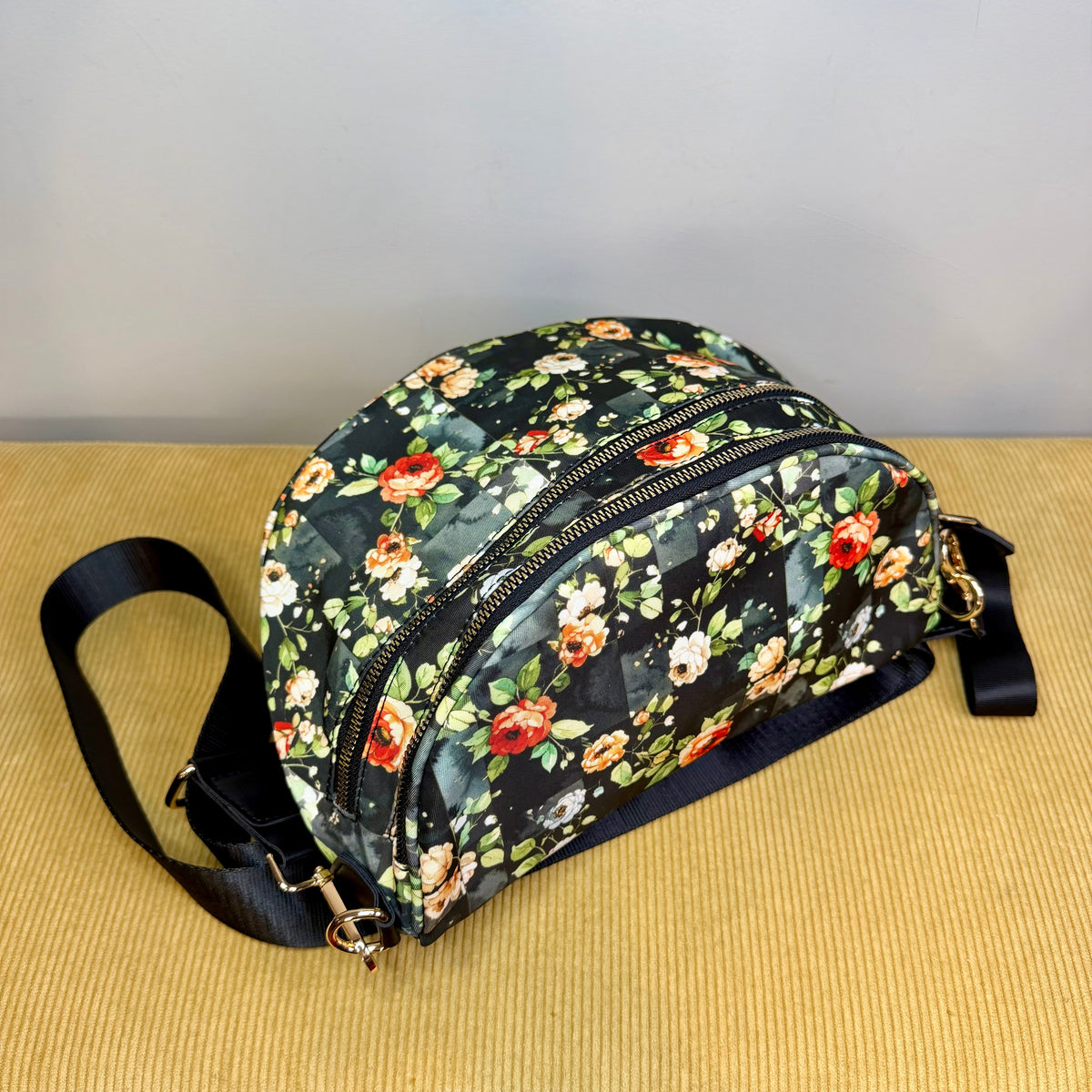 The Roni Nylon Crossbody - Floral on Black