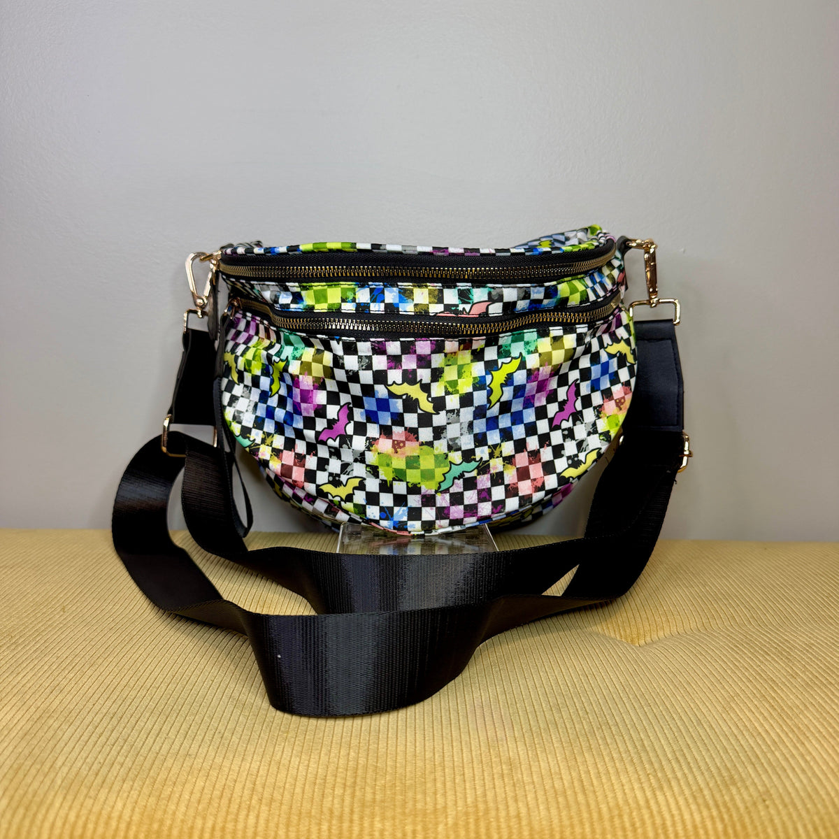 The Roni Nylon Crossbody - Rainbow Bat Checker