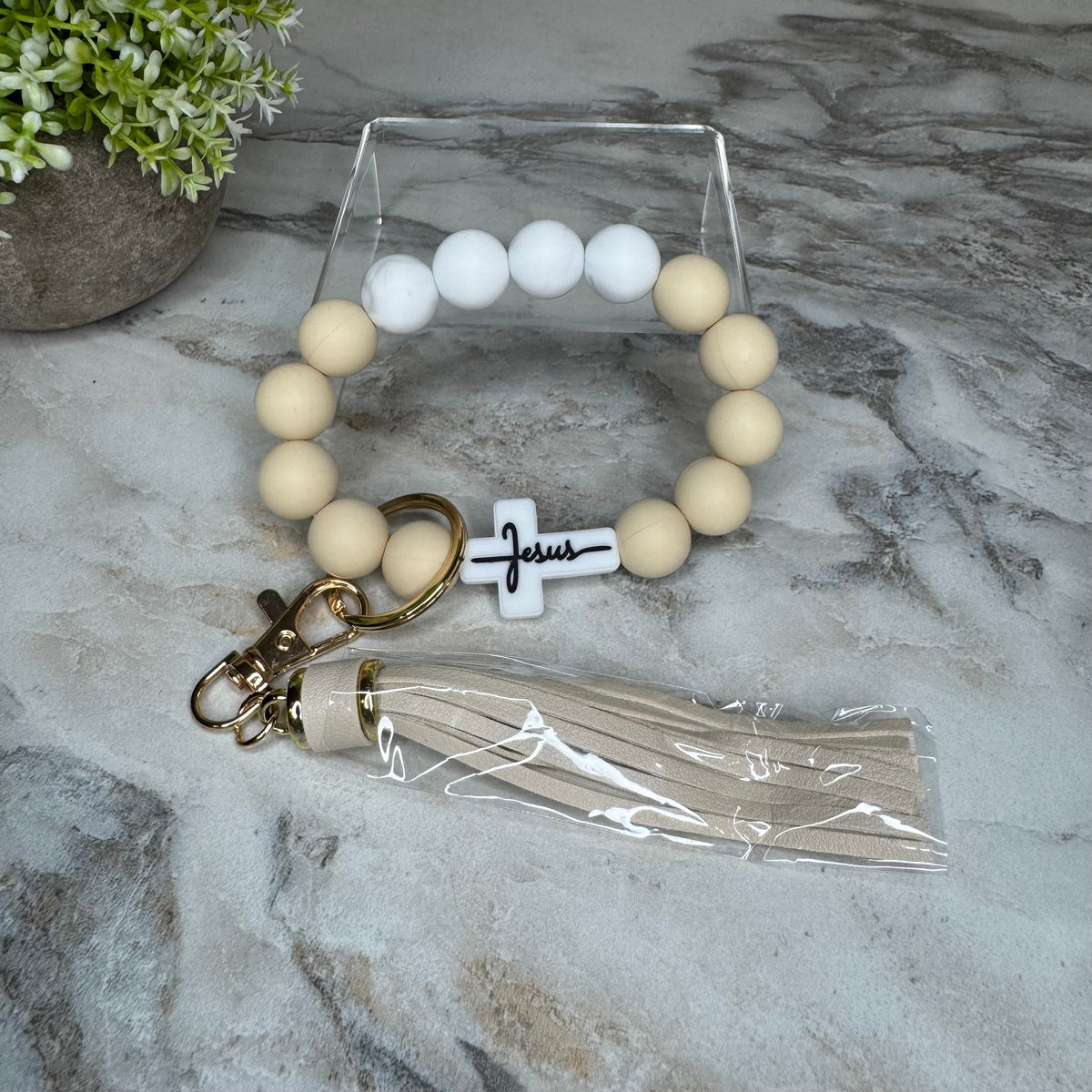 Silicone Bracelet Keychain - Religious, Jesus, White & Buttercream