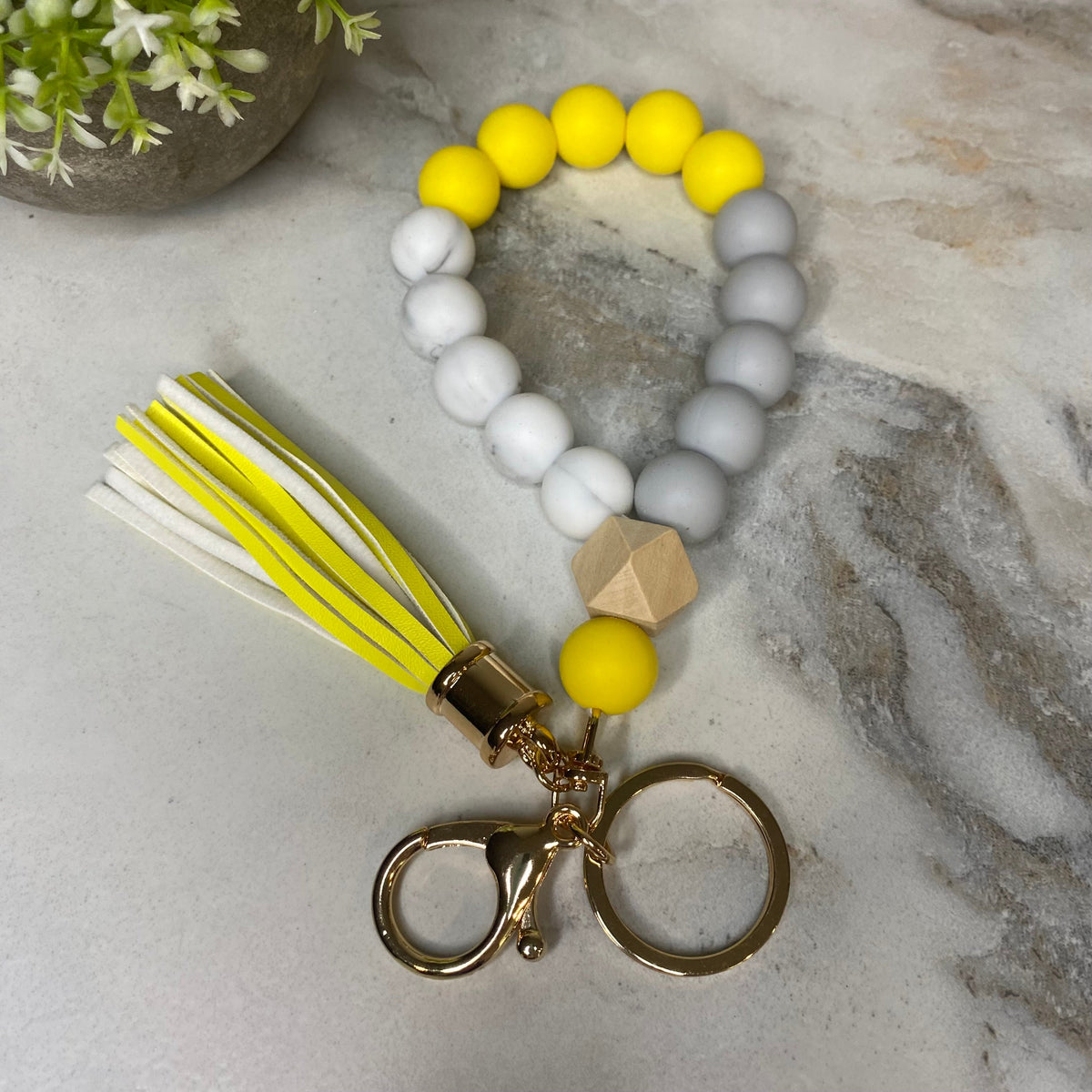Silicone Bracelet Keychain with Wood Bead & Tassel - Yellow
