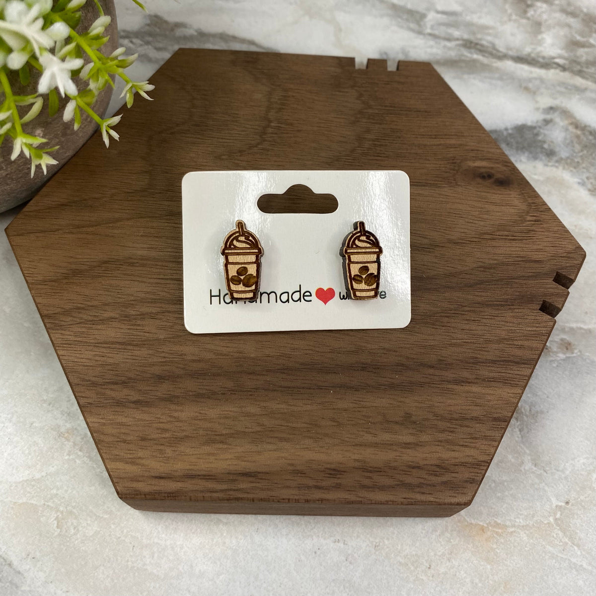 Wooden Stud Earrings - Frappe Coffee Beans