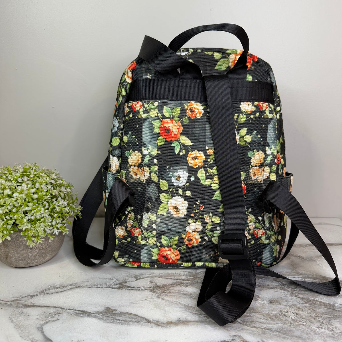 Mini Backpack - Floral On Black