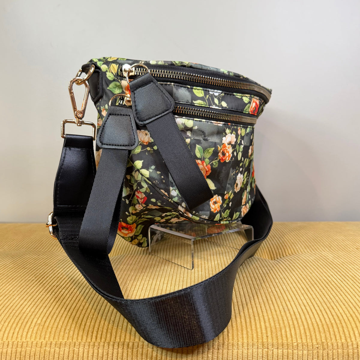 The Roni Nylon Crossbody - Floral on Black